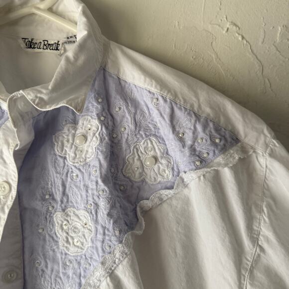 Vintage Take a Break Western Shirt M White Eyelet Embroidered Yoke Lace‎ Detail - Picture 4 of 9